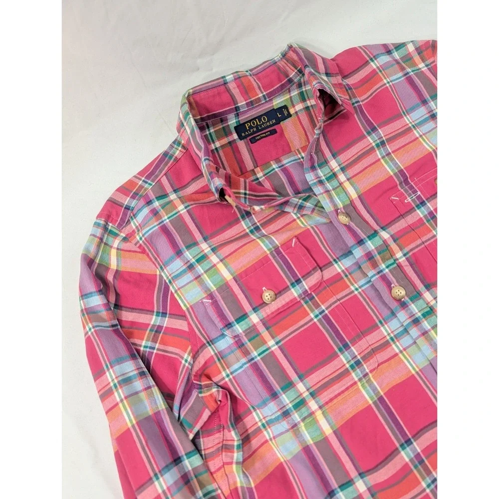 Polo‎ Ralph Lauren Shirt Pink Large Flap Pocket Plaid Custom Fit Button Up Slim